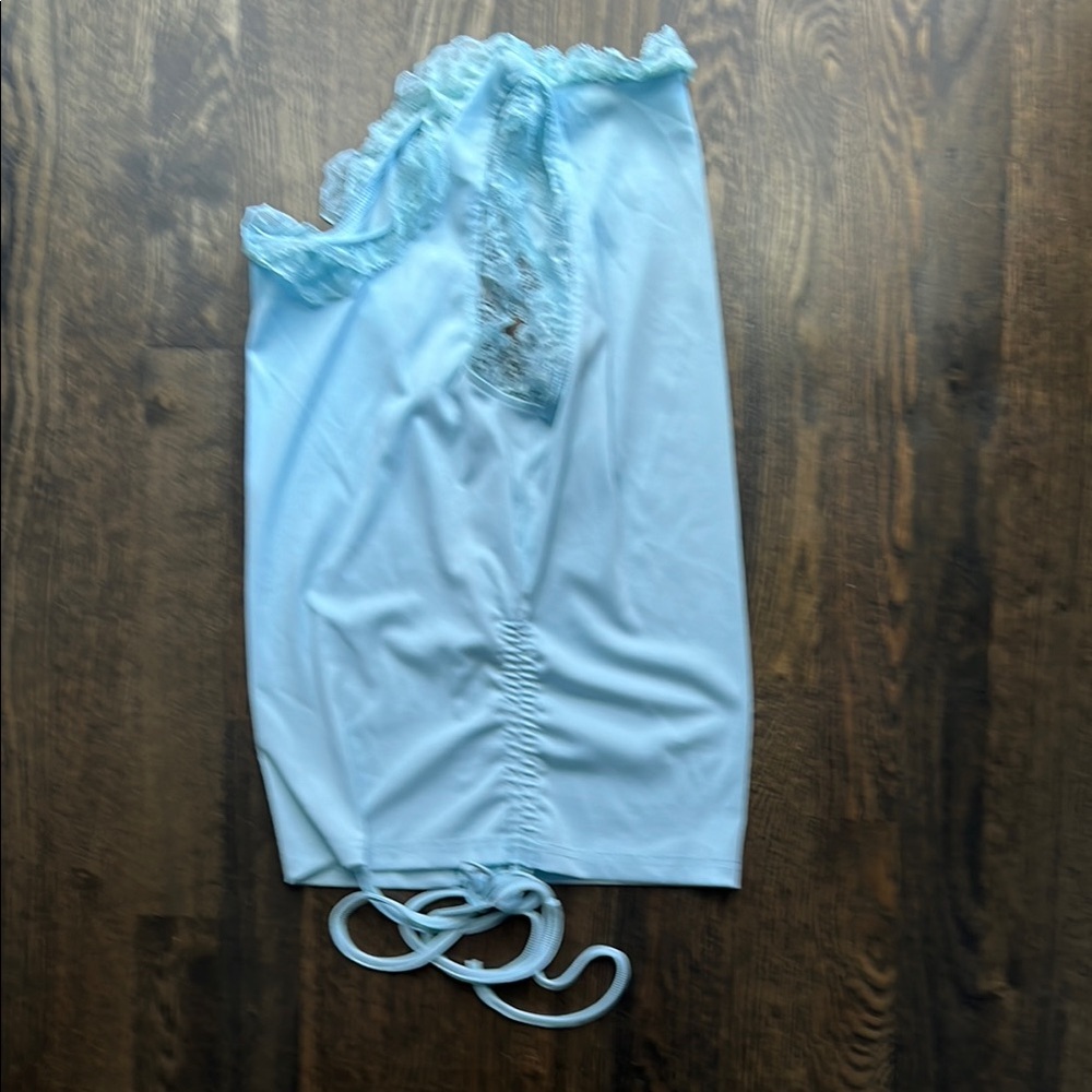 Women’s Light Blue Lace Trim Tank Top with scoop neck, cinched ties at waistline - Picture 6 of 7